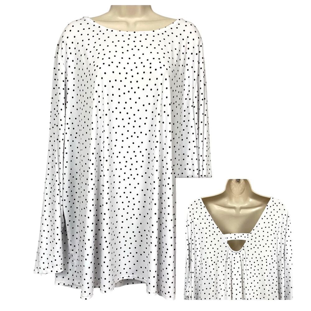 Susan Graver Liquid Knit Top Womens 4X White Black Polka Dot Cutout‎ Scoop Back